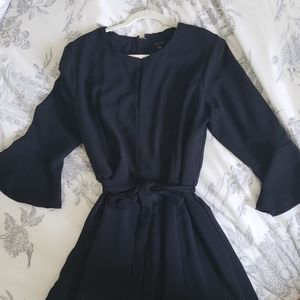 Dark Navy tie waist fluted slleeve dress